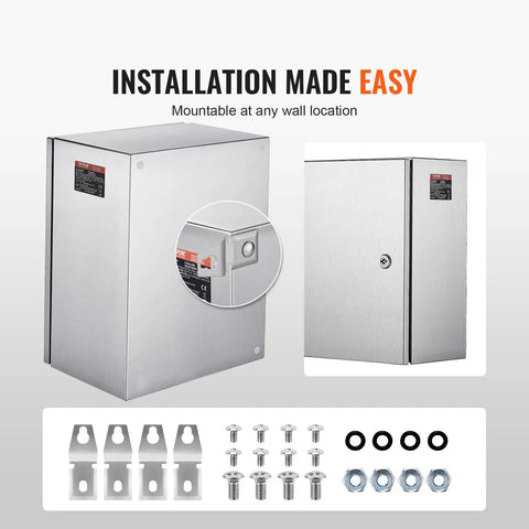 Pro Level 16 By 12 By 8 Inch Genuine 304 Stainless Steel Electrical Enclosure Box with installation hardware and lock.