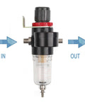 Front view of Pro Grade Airbrush Regulator With Gauge And Moisture Trap For Air Compressors 0 To 100 PSI 1/8 Inch NPT Air Filter Regulator