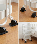 Lock And Load Your Rolling Ride With This Bulletproof 4 Pack Of Non Slip Rubber Wheel Stopper Bed Frame Caster Blocker Heavy Duty Floor Anchor Secures Office Chairs Desks Couches Tight No More Drifting Wheels on a wooden floor under a white rolling cart.