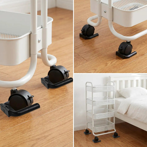 Lock And Load Your Rolling Ride With This Bulletproof 4 Pack Of Non Slip Rubber Wheel Stopper Bed Frame Caster Blocker Heavy Duty Floor Anchor Secures Office Chairs Desks Couches Tight No More Drifting Wheels on a wooden floor under a white rolling cart.