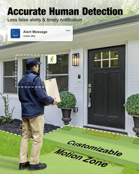 Person delivering package in front of house with Wireless Video Doorbell With Chime 1080P HD Two Way Talk Night Vision Human Detection Local MicroSD Card Or Cloud Storage No Subscriptions AES Encrypted Cloud Storage Easy Setup installed by door.