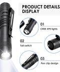 Ultra Bright 500 Lumen Pocket Pen Light With Clip, AAA Powered Mini Flashlight featuring Cree XPE lights and pen clip design.