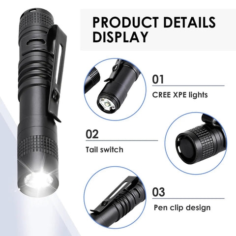Ultra Bright 500 Lumen Pocket Pen Light With Clip, AAA Powered Mini Flashlight featuring Cree XPE lights and pen clip design.