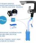 Diagram showing 12V Electric Water Faucet With Switch For RV Kitchen Sink And Pump Hookup Plug And Play Rotatable Spout system.