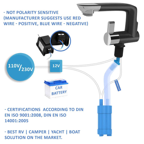 Diagram showing 12V Electric Water Faucet With Switch For RV Kitchen Sink And Pump Hookup Plug And Play Rotatable Spout system.