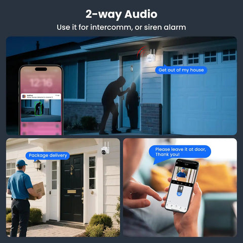 5MP 5X Zoom Auto Track Security Camera With Plug In Power capturing 2-way audio interaction with package delivery scene