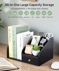 Premium PU Leather Desk Organizer With Drawer And Four Compartments Vertical File Holder And Magazine File Holder Desktop Office Storage In Sleek Black A Dope Gift For Men Who Have Everything displaying books, scissors, and desk items
