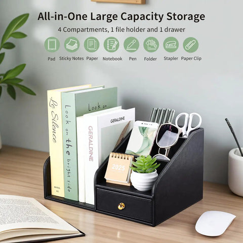 Premium PU Leather Desk Organizer With Drawer And Four Compartments Vertical File Holder And Magazine File Holder Desktop Office Storage In Sleek Black A Dope Gift For Men Who Have Everything displaying books, scissors, and desk items