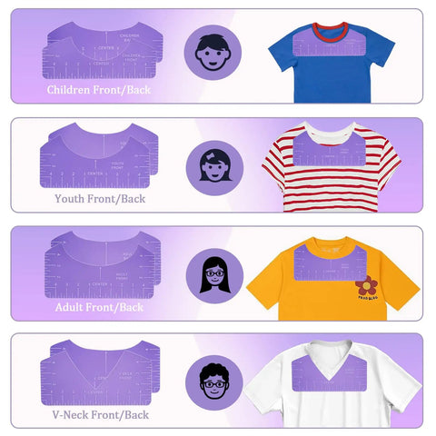 Sublimation Shirts Tool Kit with Round Neck and V Neck Ruler Set showing alignment on various tee sizes and shapes.