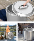 Stainless Steel Fire Pit Lid With Silicone Wrapped Handles for 27 Inch Outdoor Pits, Weatherproof Silver, showing lid and handles