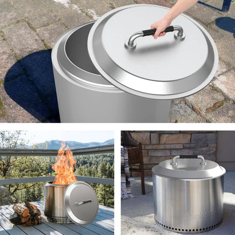 Stainless Steel Fire Pit Lid With Silicone Wrapped Handles for 27 Inch Outdoor Pits, Weatherproof Silver, showing lid and handles