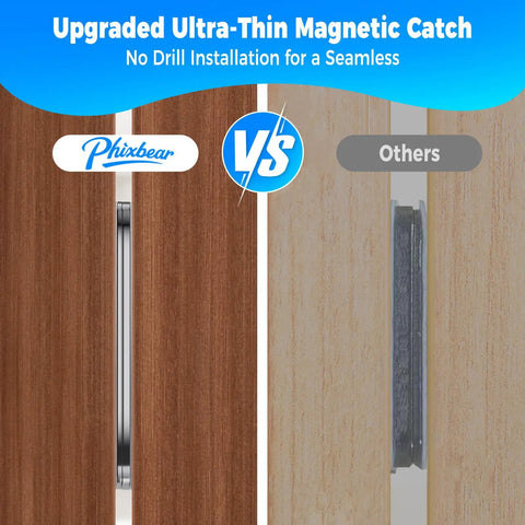 Comparison of 4 Pair Whole House Magnetic Cabinet Door Catch Latches No Drill Adhesive vs. traditional install on wood surfaces