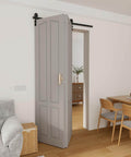 52 Inch Bi Folding Barn Door Hardware Kit For Two Doors With Low Ceiling Lite Roller System That Smoothly Slides Fits Double 24 Inch Bifold Doors Space Saving Sliding Solution For Tight Spaces No Door Included, installed in modern room.