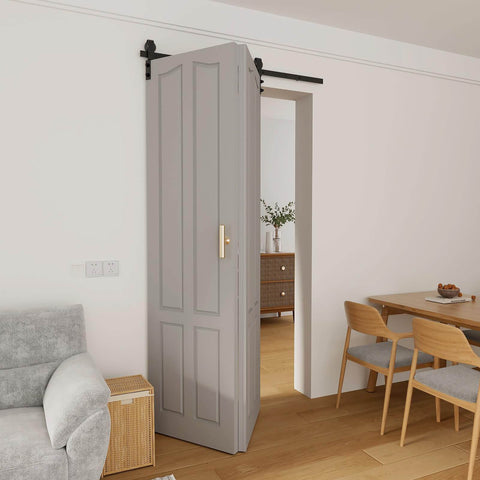 52 Inch Bi Folding Barn Door Hardware Kit For Two Doors With Low Ceiling Lite Roller System That Smoothly Slides Fits Double 24 Inch Bifold Doors Space Saving Sliding Solution For Tight Spaces No Door Included, installed in modern room.