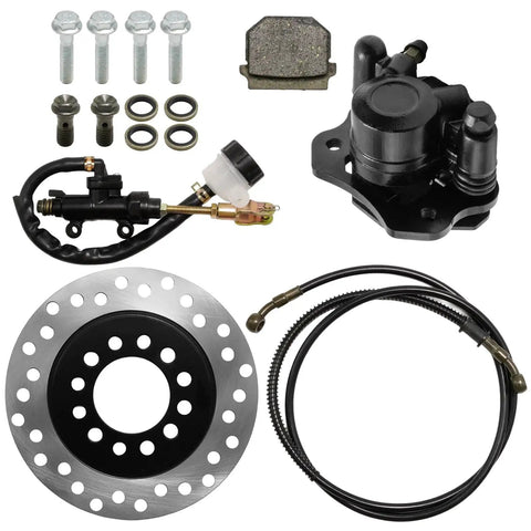 Rear And Front Hydraulic Brake Assembly Caliper Master Cylinder Kit With Disc Rotor And Brake Pad For Go Kart Golf Cart And ATV Replacement Beefed Up Stopping Power For 50cc To 200cc Engines, showing components and bolts