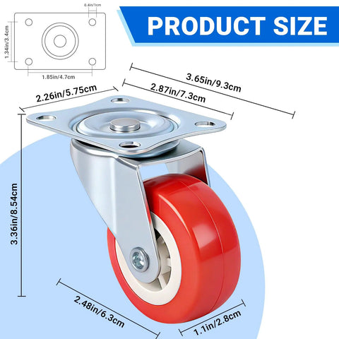 2.5 Inch Mixed Locking And Swivel Casters Set Of 4 With Side Brakes And PU Wheels On Steel Plate Brackets size diagram