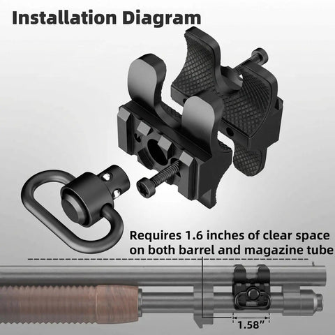 Installation diagram of Tactical Shotgun Barrel Clamp Mount With QD Sling Swivel And Picatinny Rail Flashlight And Sling Mount
