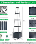 Dimensions and parts list for two pack raised garden bed planter box with trellis for tomatoes and climbing plants, 57 inch self watering
