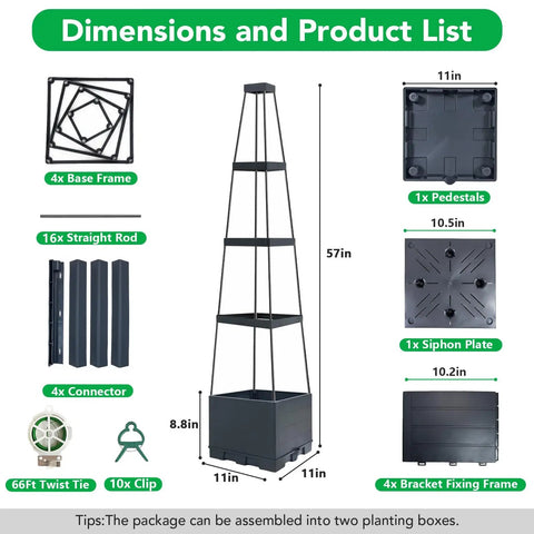 Dimensions and parts list for two pack raised garden bed planter box with trellis for tomatoes and climbing plants, 57 inch self watering