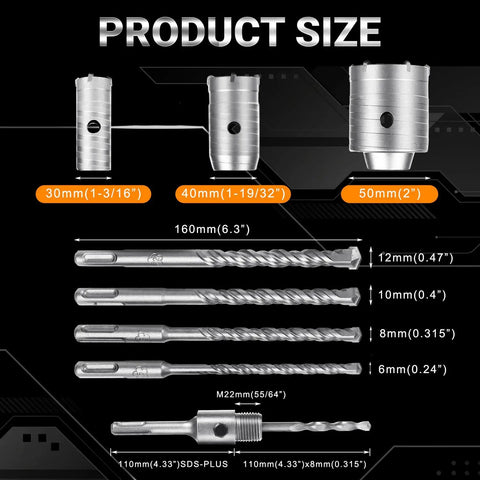 8 Piece Masonry Hole Saw Kit For Concrete And Brick 2 Inch Core Bits With Carbide Tungsten Steel Blades size chart