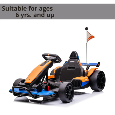 McLaren Licensed 24V Go Kart For Kids 6 And Up, Electric Ride On, Black and Orange, Real Steering Wheel, Displayed on White Background