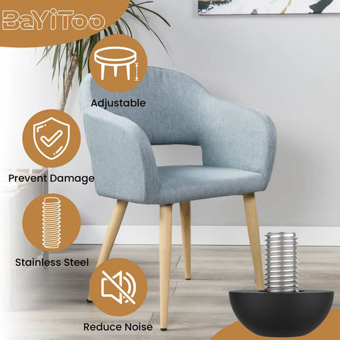 Eight Pack M8 Adjustable Furniture Leveling Feet With Stainless Steel Threads And Screw In Glides For Outdoor Tables Chairs And Desks 8mm Diameter 1.25mm Pitch Durable Anti Slip Base shown next to a chair indoors.