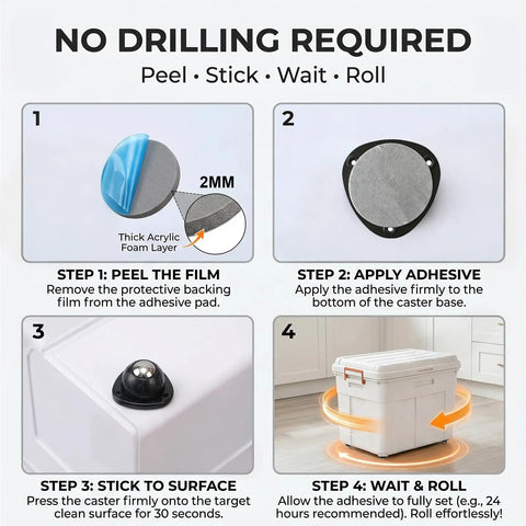 Step-by-step guide for Top Shelf Heavy Duty Self Adhesive Caster Wheels Four Pack with instructions for installation.