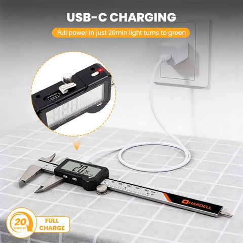 Rechargeable Digital Caliper With Auto Off, One Key Reset, USB-C charging, big display, 6-inch measuring tool on tile surface