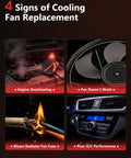 4 signs of cooling fan replacement: engine overheating, fan malfunction, blown fuse, poor A/C performance.