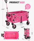 38 Inch Long Foldable Wagon Hauler With 360 Lb Load Capacity For Grocery Runs Camping And Beach Trips in pink, folded and open views