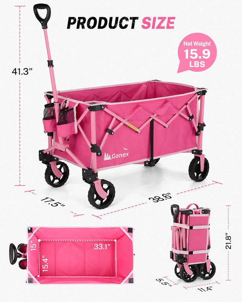 38 Inch Long Foldable Wagon Hauler With 360 Lb Load Capacity For Grocery Runs Camping And Beach Trips in pink, folded and open views
