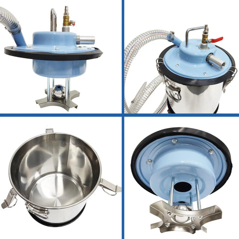 Badass Pneumatic Shop Vacuum Workhorse Crushes Any Workshop Mess With Hella Strong Wet Dry Suction, stainless steel drum and top view details.