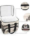 Desert Cowboys Insulated Lunch Bag with shoulder strap, open top view, showing inner lining, zip detailing and cowboy print, 15L capacity