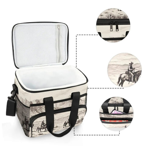 Desert Cowboys Insulated Lunch Bag with shoulder strap, open top view, showing inner lining, zip detailing and cowboy print, 15L capacity