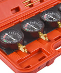 Carburetor Vacuum Synchronizer Gauge Set For Motorcycles And 2 To 4 Carb Systems, 4 Gauge Sync Tool Kit With Hoses And Adapters, Fuel Vacuum Balancer For Quick Tuning And Balanced Fuel Flow, four gauges in red case