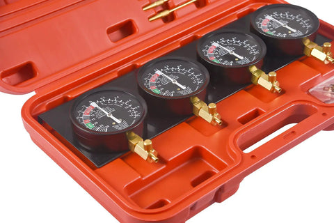 Carburetor Vacuum Synchronizer Gauge Set For Motorcycles And 2 To 4 Carb Systems, 4 Gauge Sync Tool Kit With Hoses And Adapters, Fuel Vacuum Balancer For Quick Tuning And Balanced Fuel Flow, four gauges in red case
