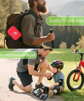 Portable 150 Piece Waterproof Hard Shell First Aid Kit for outdoor hiking and family activities, shown in use with red medical kit.