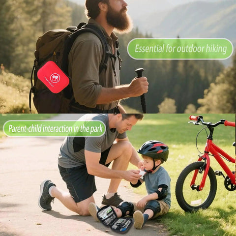 Portable 150 Piece Waterproof Hard Shell First Aid Kit for outdoor hiking and family activities, shown in use with red medical kit.