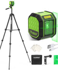 Rechargeable Green Cross Line Laser Level With 100Ft Reach, Self Leveling, 110 Degree Horizontal And Vertical Beams, Includes 60 Inch Tripod, Magnetic Bracket, Target Plate, Pro Grade Tool For Picture Hanging And Do It Yourself Home Projects, with tripod and accessories