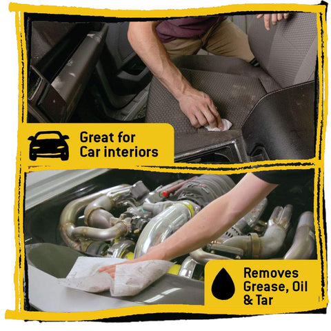 Person using Heavy Duty 10 By 12 Inch Cleaning Wipes On The Go Multi Surface Wipes 12 Pack Pre Soaked for car interior and engine