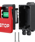 Kickass On Off Switch For Table Saw And Woodworking Gear Dual Voltage 120V 230V Single Phase Circuit Breaker Panel showing red stop switch and green start button.