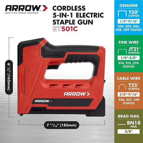 Cordless And Battery Powered Go To 5 In 1 Staple And Nail Gun for Upholstery Framing Roofing with size dimensions shown