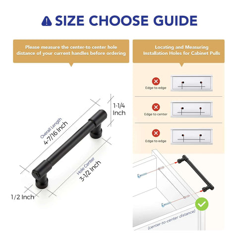 Heavy Duty Matte Black Kitchen Cabinet Pulls And Drawer Handles With 3.5 Inch Center To Center Spacing Top Shelf Zinc Alloy Hardware Slick Modern Finish 10 Pack size guide with measurements.