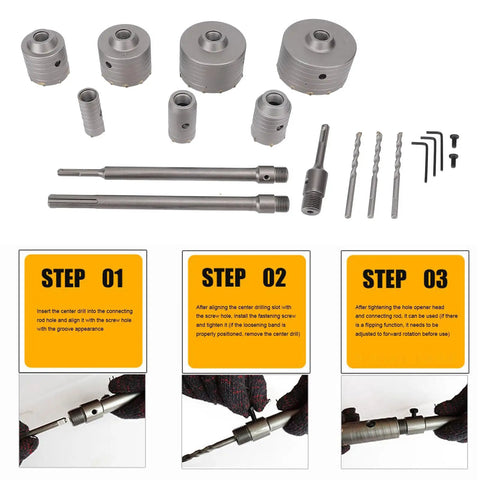 Get This Rock Solid Aramox Hole Saw Kit For Concrete Jobs With Seven Tungsten Steel Sizes From 30 Mm To 110 Mm And An Sds Plus Shank Making Masonry Tasks Way Easier And Faster For Your Next Big Build Or Repair Job At Home. tungsten steel hole saw set with SDS Plus shank, drill rods, and step guide