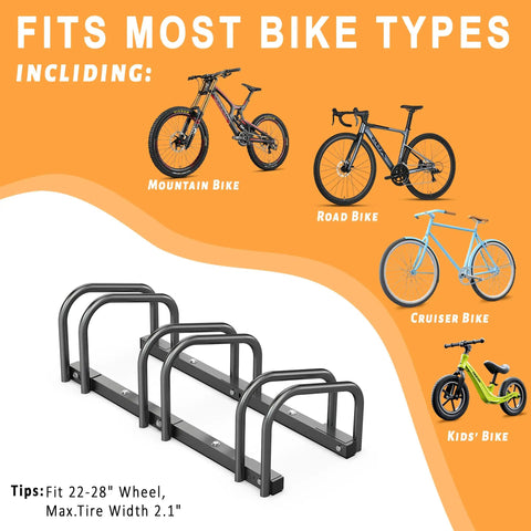 Three Bike Floor Stand For Garage And Indoor And Outdoor Use Space Saving Bike Rack That Mounts To Floor Fits 22 To 28 Inch Wheels No Wall Or Ceiling Mounting Needed Keeps Up To Three Bikes Safe Accessible And Neat