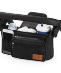 Universal Stroller Organizer With Insulated Cup Holders Detachable Phone Bag And Shoulder Strap in black with accessories