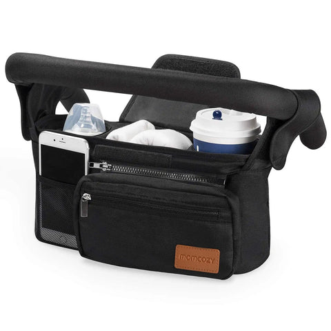 Universal Stroller Organizer With Insulated Cup Holders Detachable Phone Bag And Shoulder Strap in black with accessories