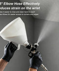 Top Shelf Texture Paint Sprayer With One Point Five Gallon Hopper And Three Quick Swap Nozzles For Knockdown Popcorn Orange Peel Wall Ceiling Patch Work Includes Hardcore Elbow Hose in use with elbow hose spraying texture.