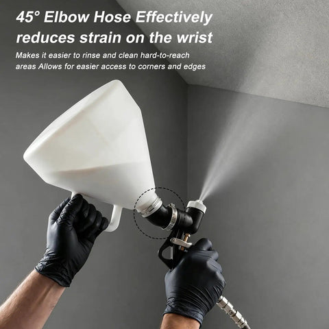 Top Shelf Texture Paint Sprayer With One Point Five Gallon Hopper And Three Quick Swap Nozzles For Knockdown Popcorn Orange Peel Wall Ceiling Patch Work Includes Hardcore Elbow Hose in use with elbow hose spraying texture.