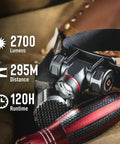 2700 Lumen USB C Rechargeable Headlamp With Twist Focus Beam, on a tool background, showing 2700 lumens, 295m distance, 120h runtime.